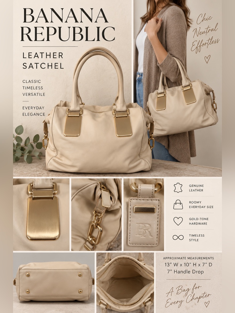 Banana Republic Cream Leather Satchel Handbag Gold Hardware Shoulder Bag